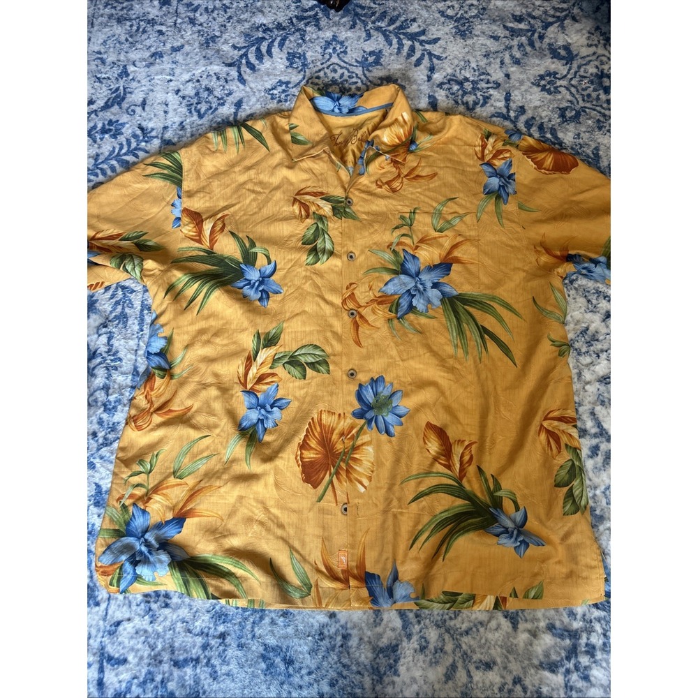 Tommy Bahama Mens XXL Blue Floral Silk Cotton Long Sleeve Button Down Shirt